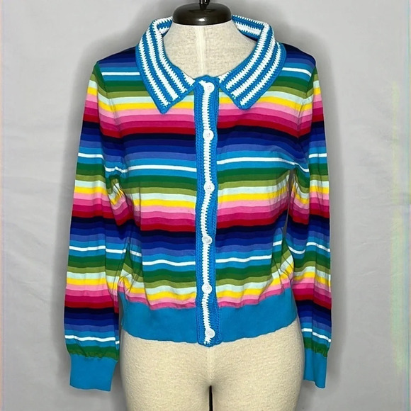 Happy Sheep Short Striped Rainbow Cardigan with Crochet Details- NEW - Medium - Picture 2 of 11